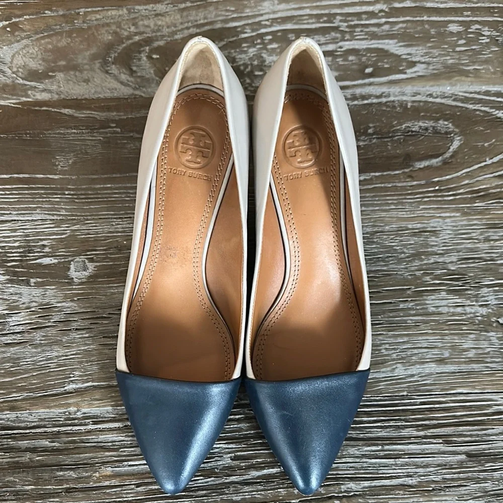 Tory Burch Blue and Cream Heels - Picture 1 of 5